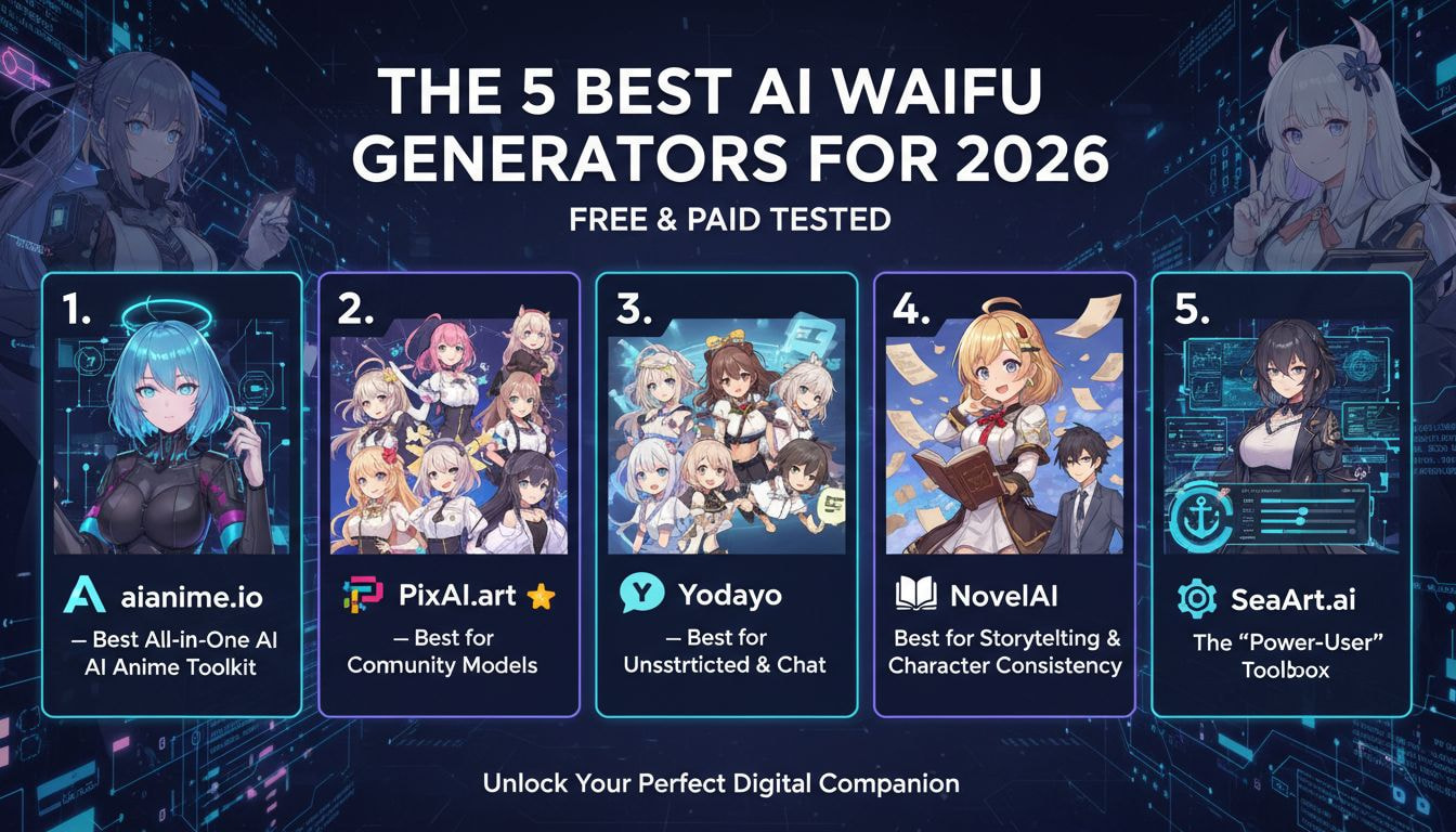 A collage of four different AI-generated anime waifus, showcasing diverse art styles from photorealistic to classic anime.