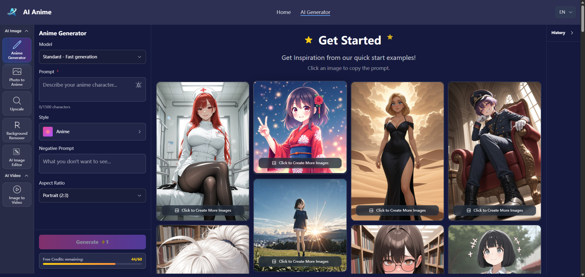 The user interface of aianime.io, showing an anime character in the generator and the image-to-video and photo editor tools.