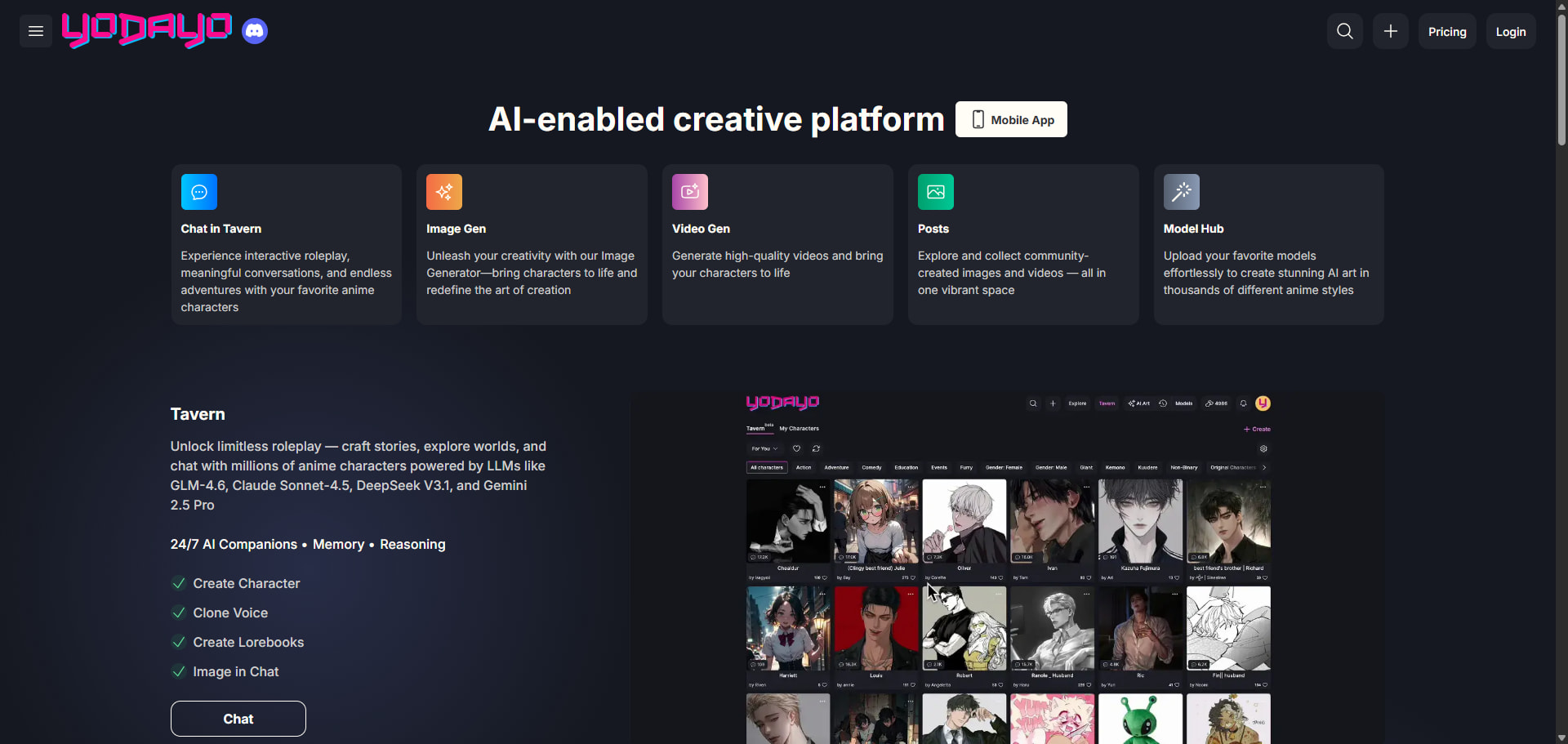 The Yodayo platform interface, showing both the AI character chat and the NSFW image generation capabilities.